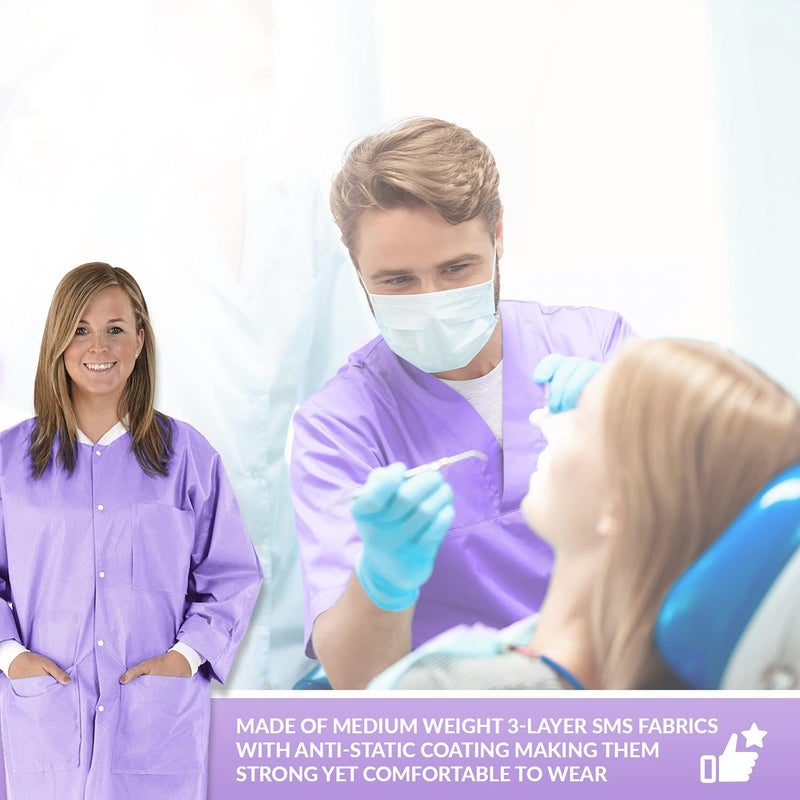 Medical Nation Store 10 معاطف مختبر قابلة للتخلص منها - معطف مختبر متين بطول الركبة قابل لإعادة الاستخدام مع أساور محبوكة وجيوب، للجنسين | مثالي لطب الأسنان، المستشفيات، الصيدليات، المختبرات، العيادات - بنفسجي، كبير جداً - Image 4